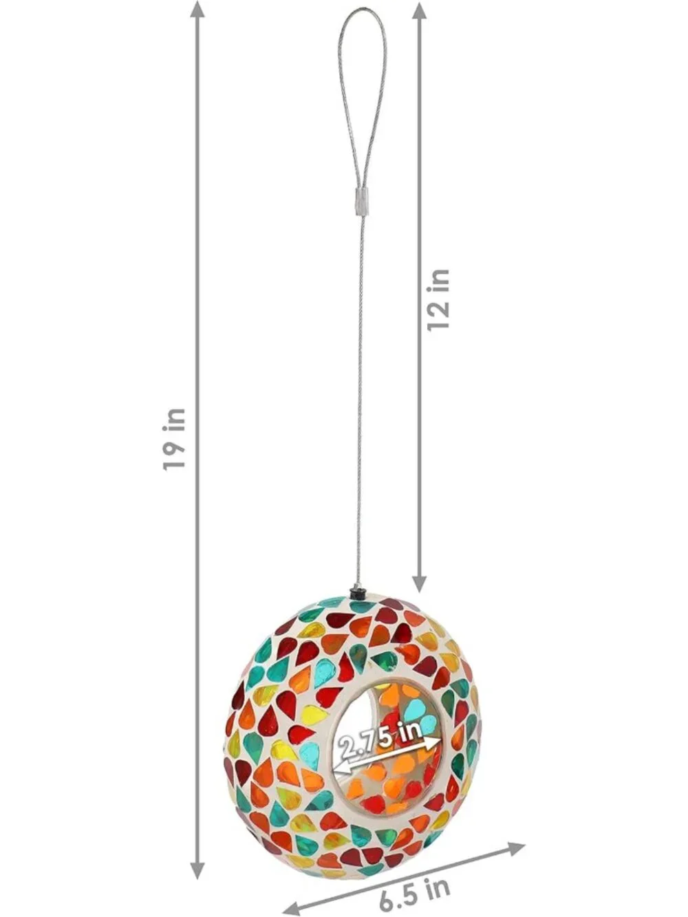 Colorful 6-Inch Glass Mosaic Hanging Bird Feeder - Outdoor Fly-Through Feeder